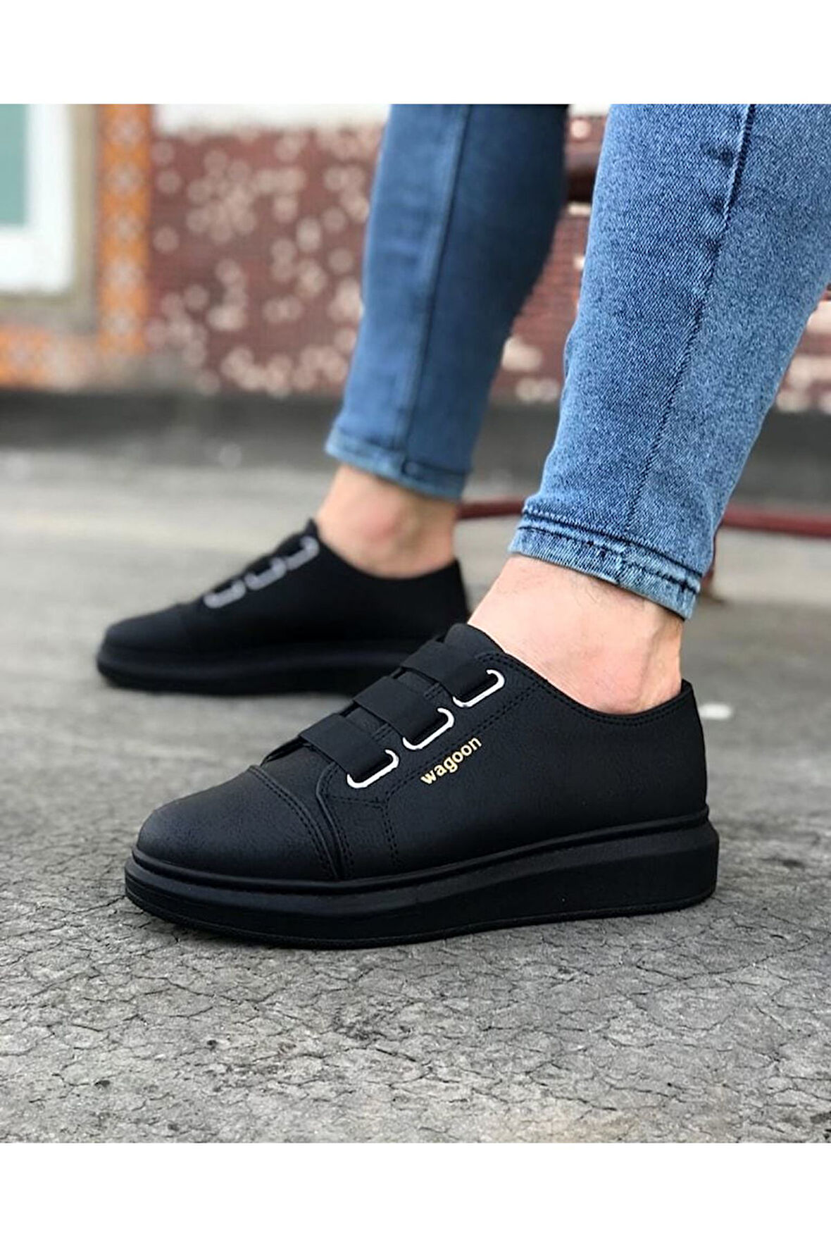 J026 Bağcıksız 3 Bant Lastikli Ortopedik Taban Erkek Sneaker Günlük Ayakkabı ST Siyah