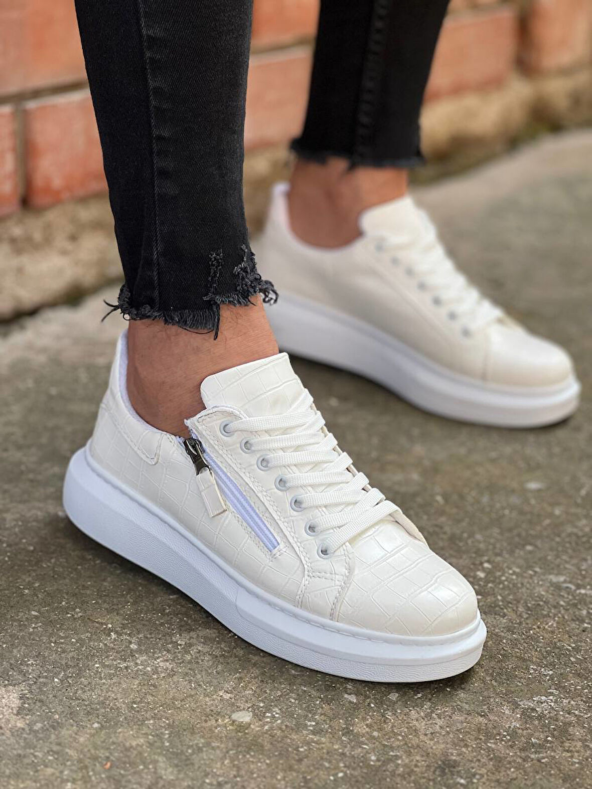 J-309 Bağcıklı Fermuarlı Ortopedik Taban Günlük Erkek Spor Sneaker Ayakkabı BT Beyaz