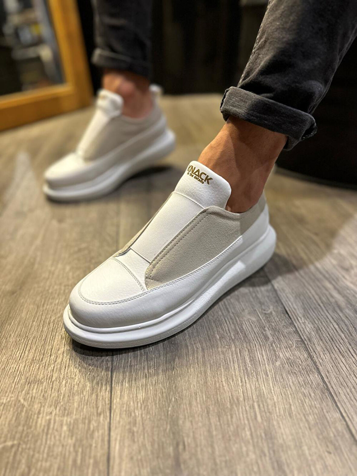 J911 Bağcıksız Lastikli Ortopedik Taban Günlük Erkek Spor Sneaker Ayakkabı BT Beyaz