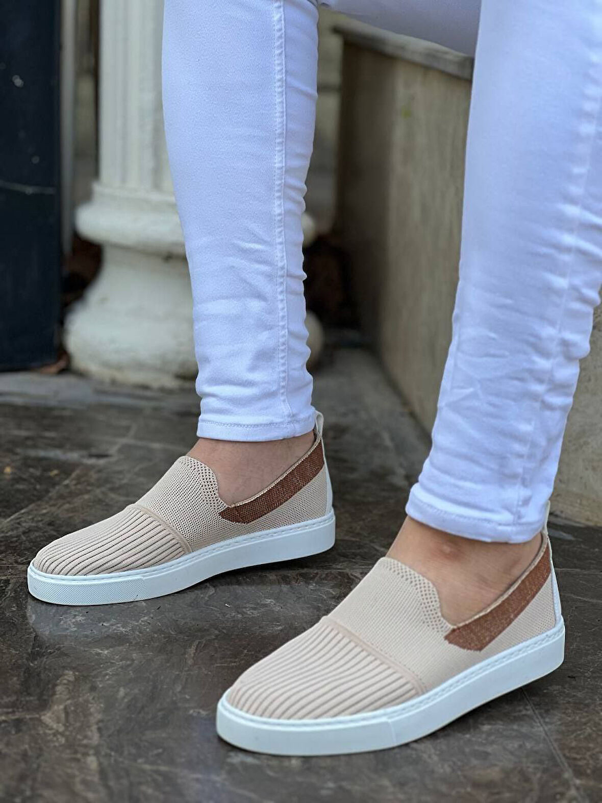 J114 Bağcıklı Ortopedik Taban Triko Erkek Spor Sneaker Ayakkabı BT Bej/Taba