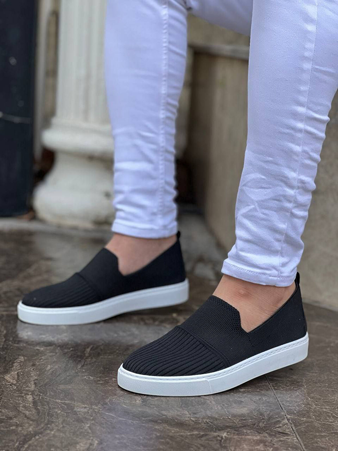 J114 Bağcıklı Ortopedik Taban Triko Erkek Spor Sneaker Ayakkabı BT Siyah