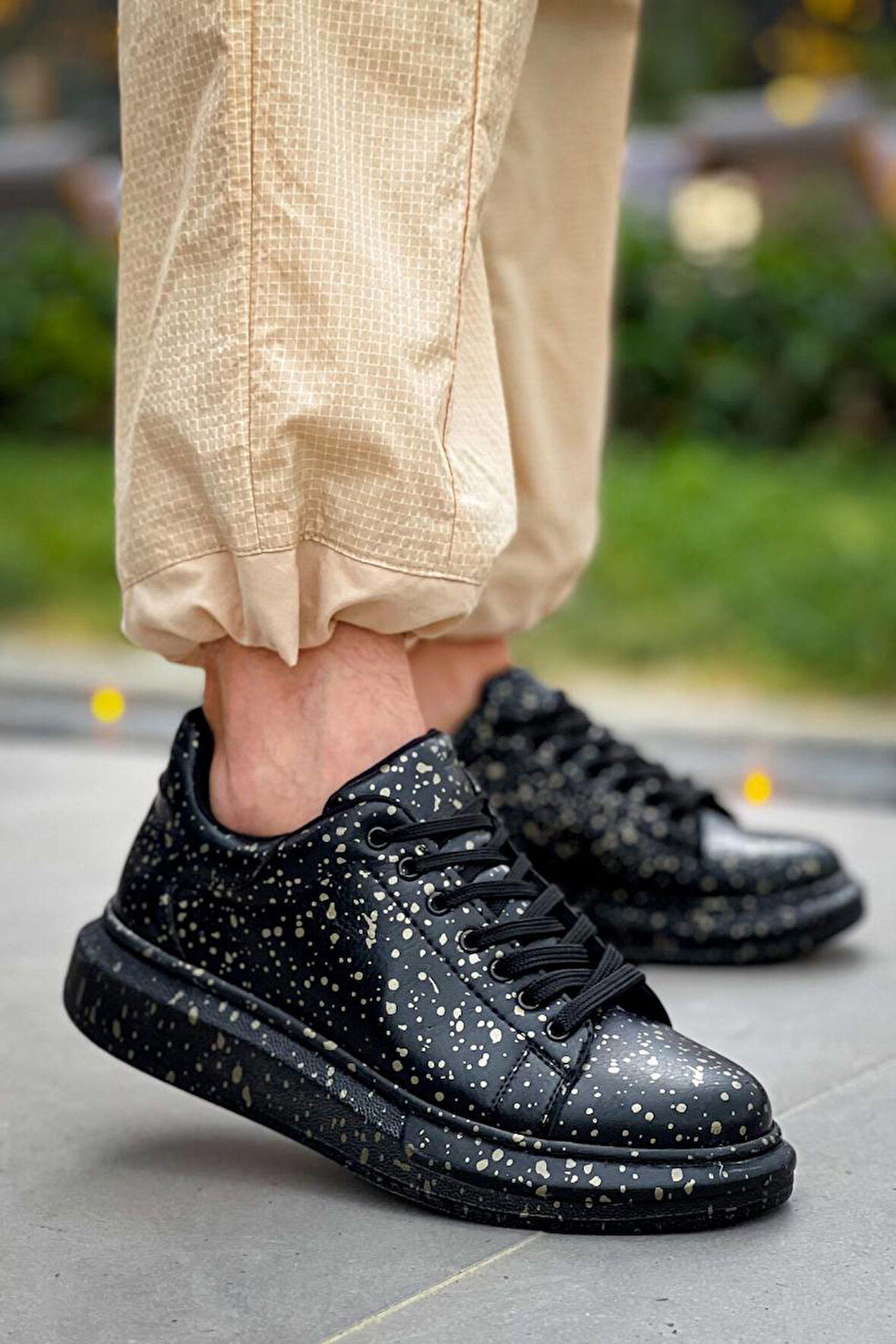 J-X500 Bağcıklı Gold Baskılı Ortopedik Taban Günlük Erkek Spor Sneaker Ayakkabı ST Siyah