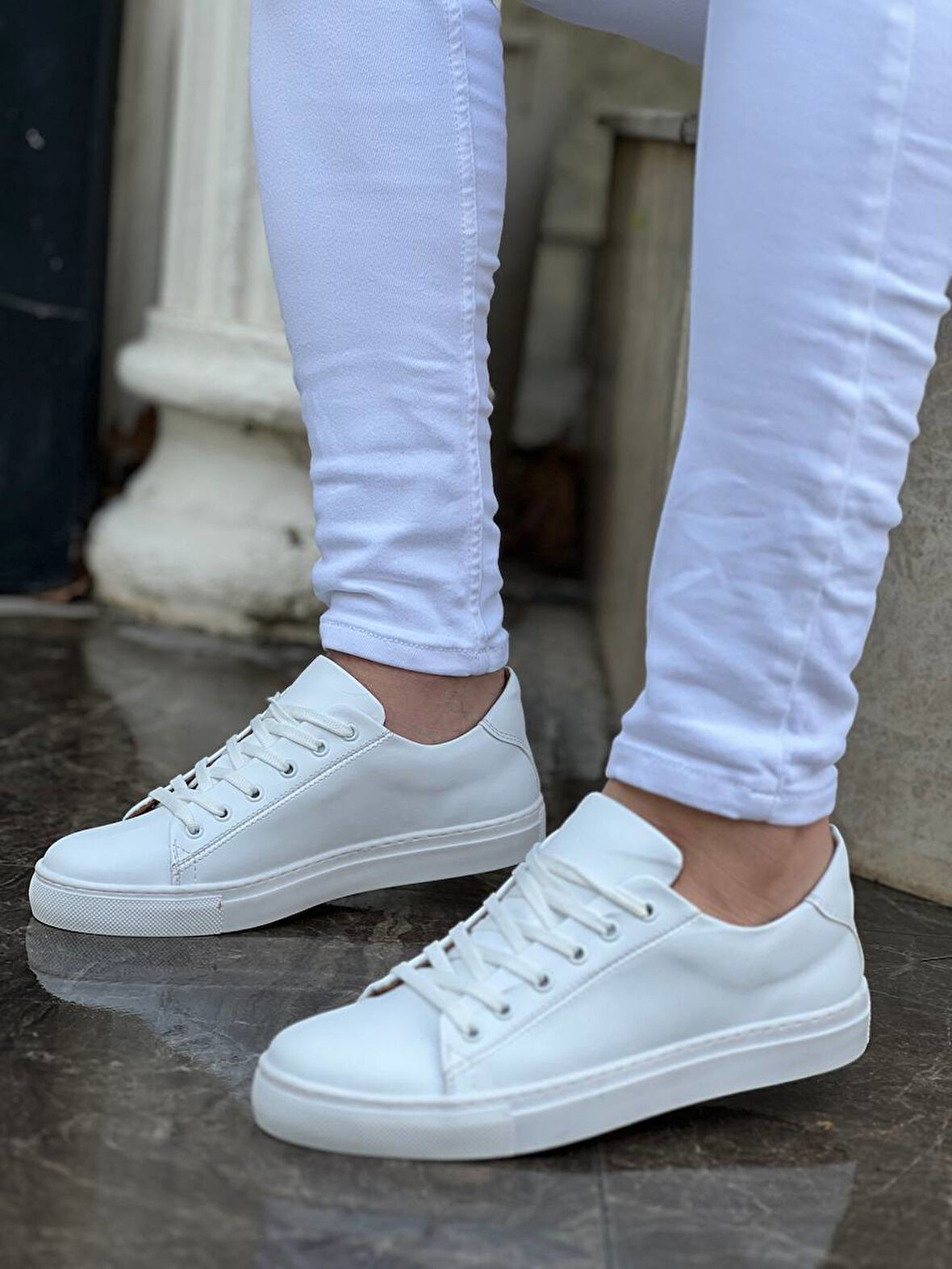 J122 Bağcıklı Ortopedik Taban Günlük Erkek Spor Sneaker Ayakkabı BT Beyaz