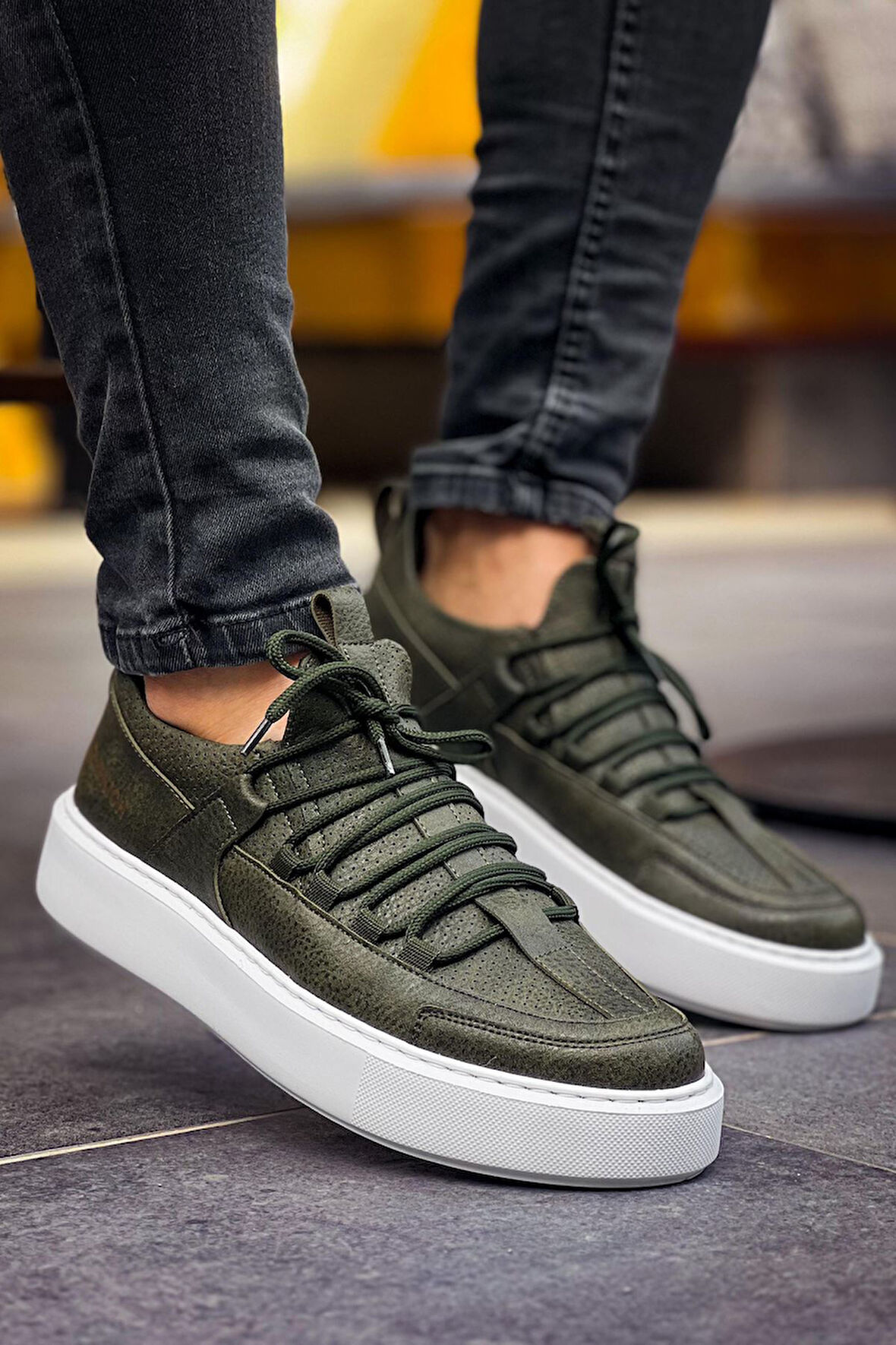 J159 Saturn Ortopedik Taban Günlük Cilt Erkek Sneaker Spor Ayakkabı CBT Haki