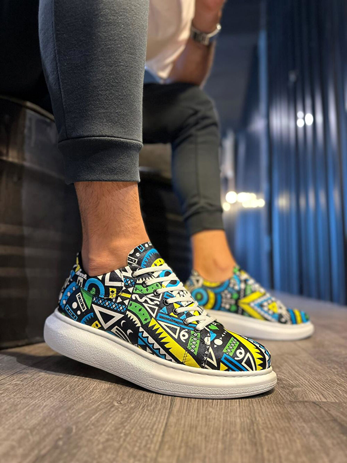 J046 Bağcıklı Ortopedik Taban Renkli Baskılı Erkek Günlük Sneaker Spor Ayakkabı BT Sarı