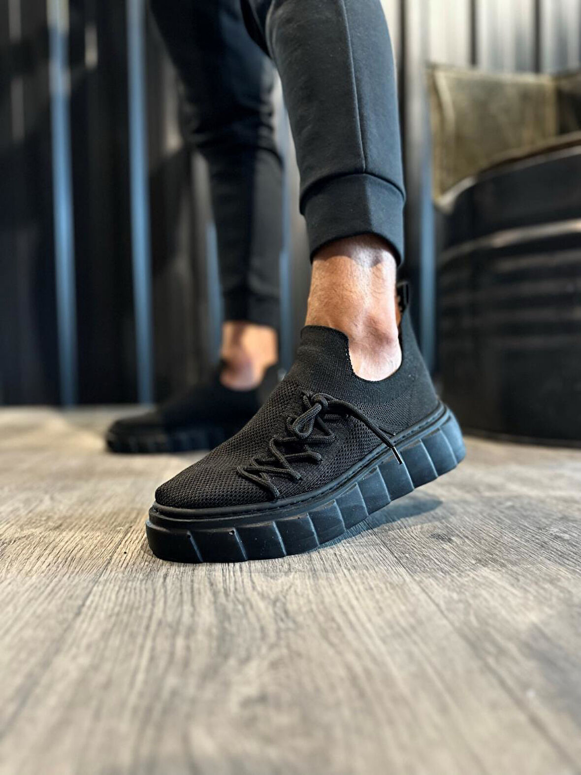 J1025 Bağcıklı Lastikli Ortopedik Taban Erkek Günlük Triko Sneaker Spor Ayakkabı ST Siyah