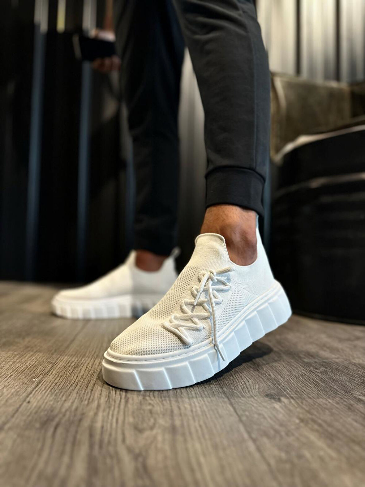 J1025 Bağcıklı Lastikli Ortopedik Taban Erkek Günlük Triko Sneaker Spor Ayakkabı BT Beyaz