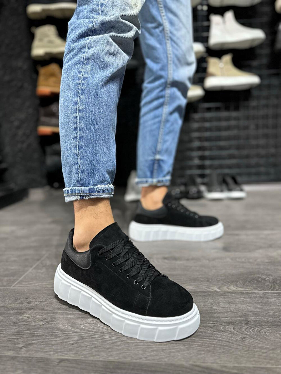 J144 Bağcıklı Ortopedik Taban Erkek Günlük Süet Sneaker Spor Ayakkabı BT Siyah