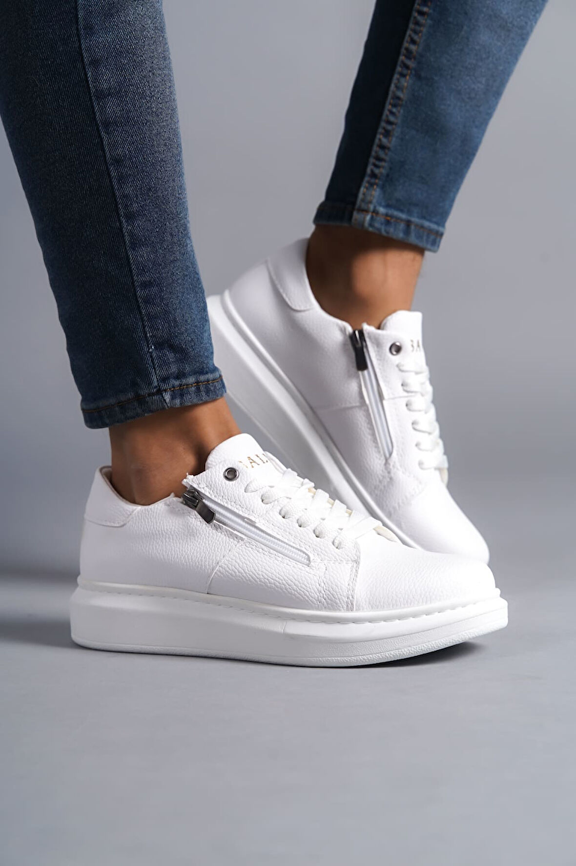 J155 Warrior Bağcıklı ve Fermuarlı Cilt Erkek Günlük Sneaker Ayakkabı BT Beyaz