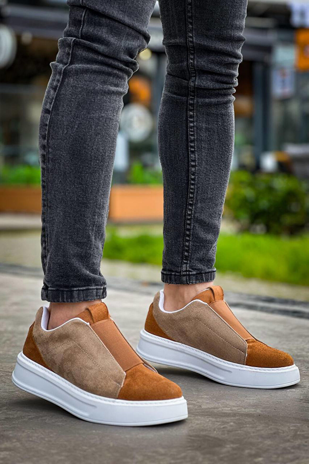 J007 Bağcıksız Lastikli Ortopedik Taban Tek Bant Süet Erkek Spor Sneaker Ayakkabı BT Vizon/Taba