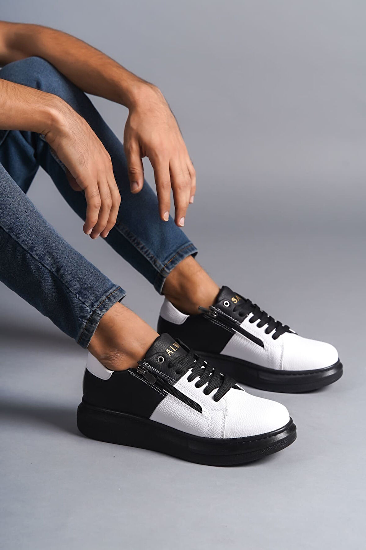 J155 Warrior Bağcıklı ve Fermuarlı Cilt Erkek Günlük Sneaker Ayakkabı ST Siyah/Beyaz