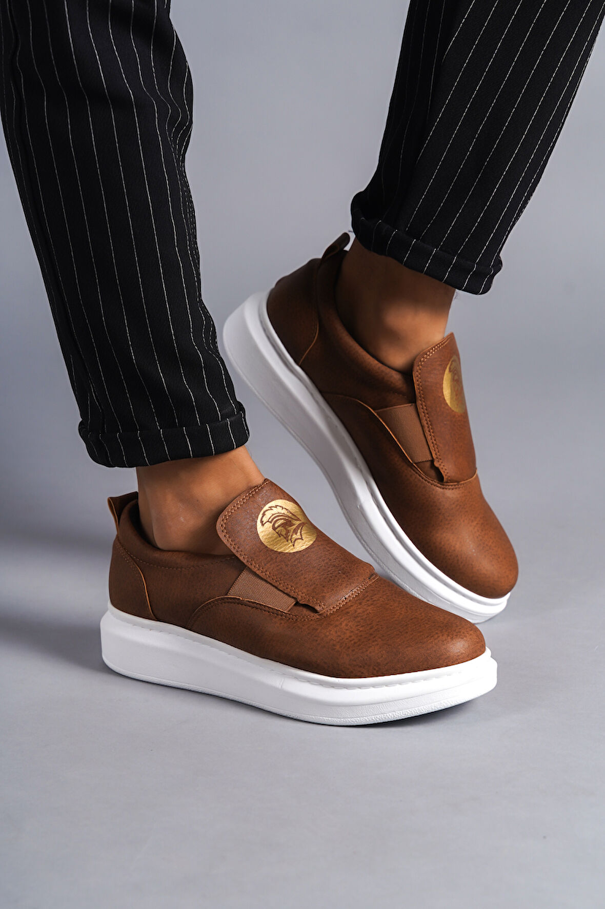 J161 Bağcıksız Lastikli Ortopedik Taban Erkek Sneaker Günlük Ayakkabı BT Taba