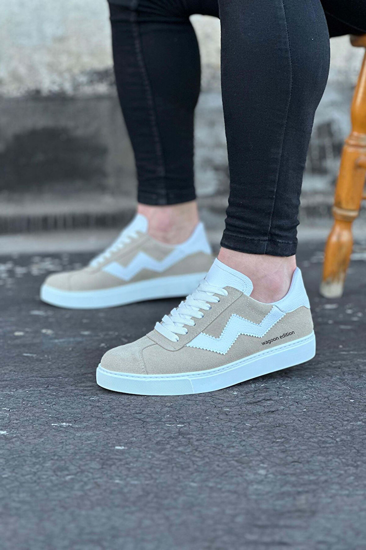 J160 Bağcıklı Ortopedik Taban Süet Erkek Sneaker Günlük Ayakkabı BT Bej/Beyaz