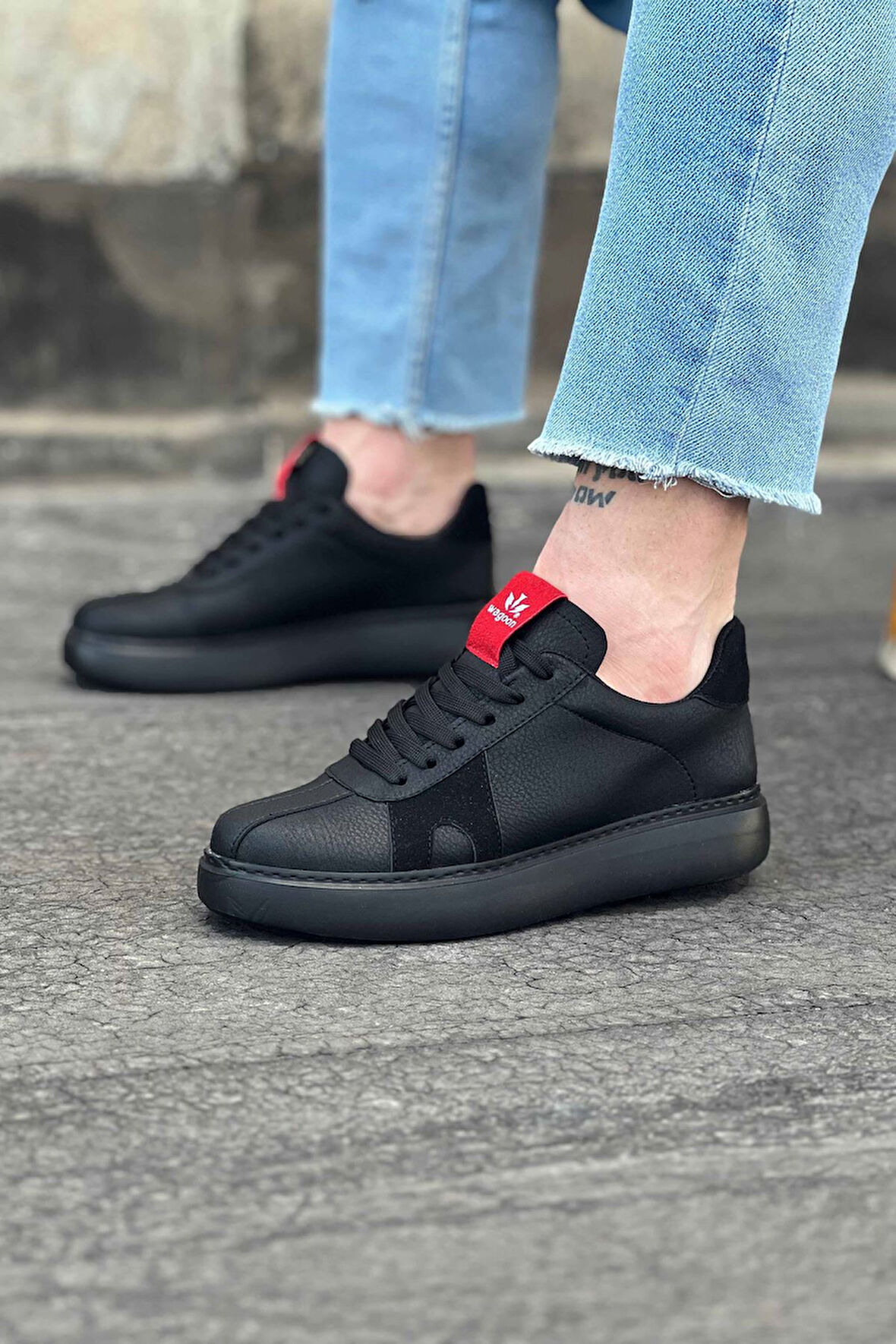 J040 Bağcıklı Ortopedik Taban Erkek Sneaker Günlük Ayakkabı ST Siyah