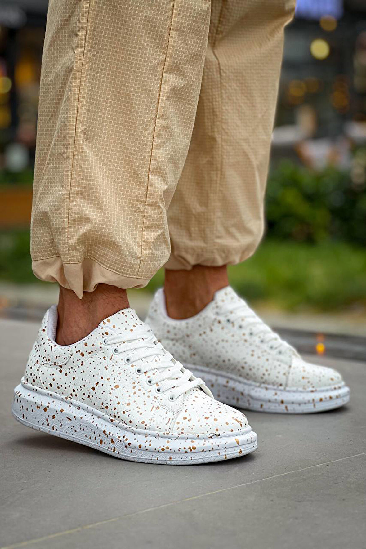 J-X500 Bağcıklı Gold Baskılı Ortopedik Taban Günlük Erkek Spor Sneaker Ayakkabı BT Beyaz