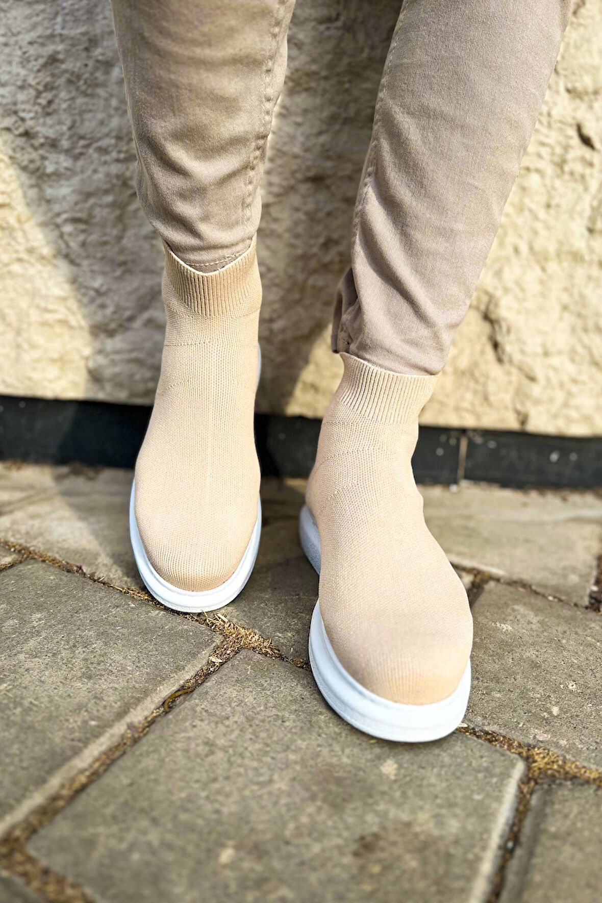 J207 Maglieria-T Ortopedik Taban Günlük Triko Erkek Sneaker Spor Ayakkabı TBT Krem