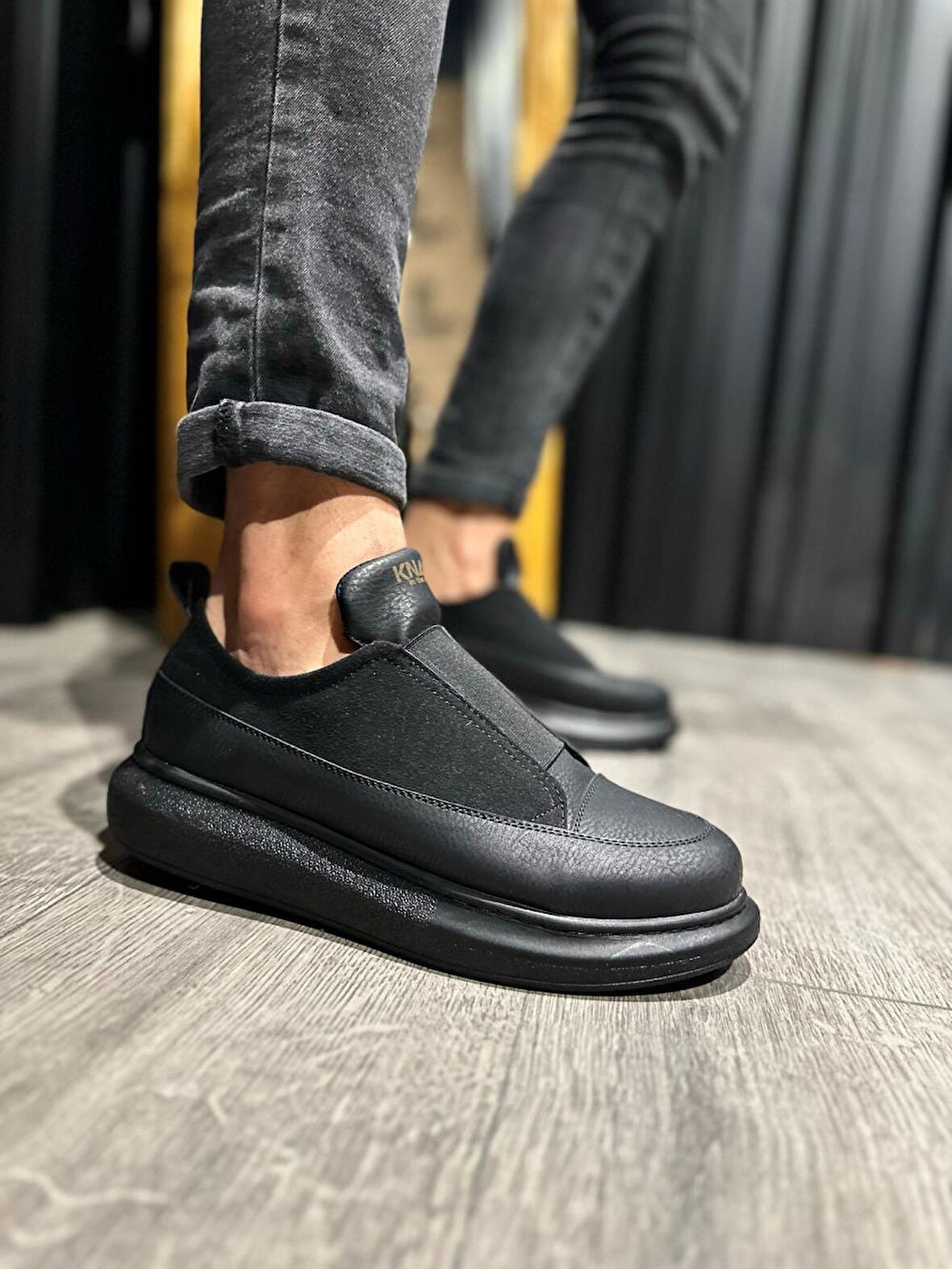 J911 Bağcıksız Lastikli Ortopedik Taban Günlük Erkek Spor Sneaker Ayakkabı ST Siyah