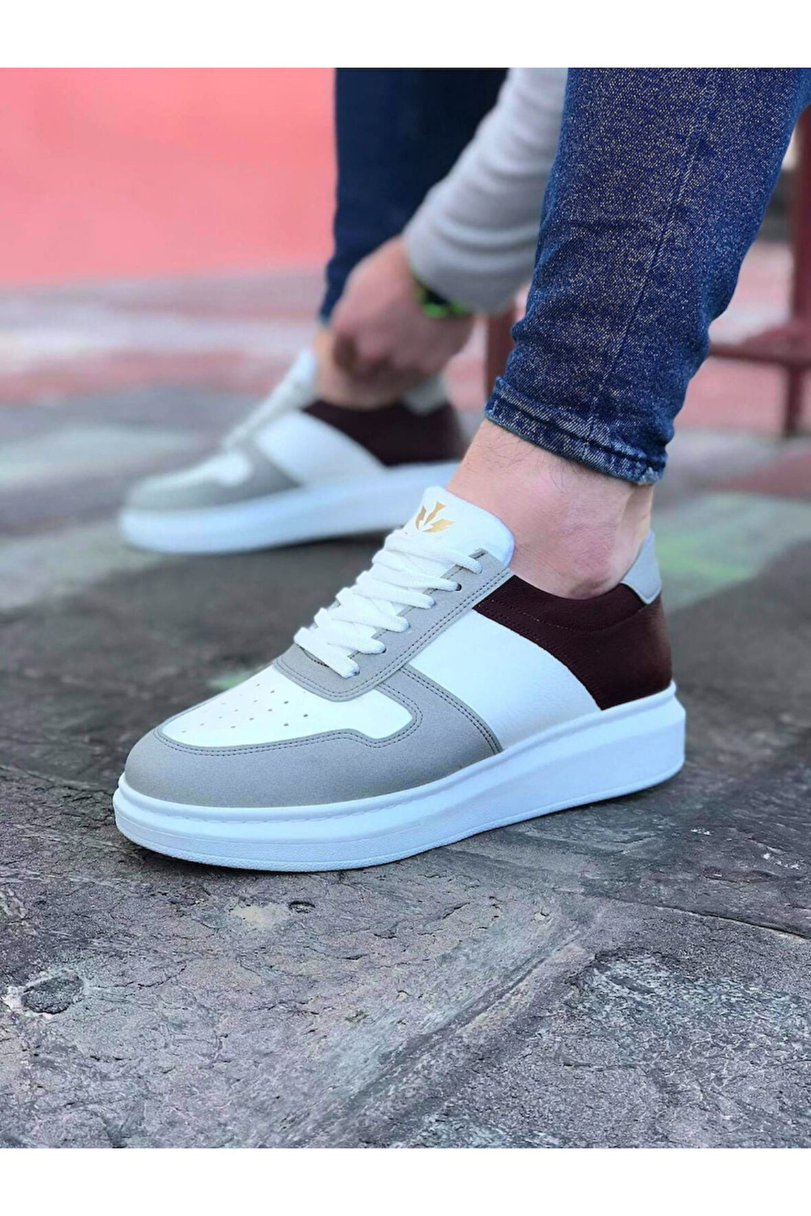 J011 Bağcıklı Ortopedik Taban Erkek Sneaker Günlük Ayakkabı BT Beyaz/Taba