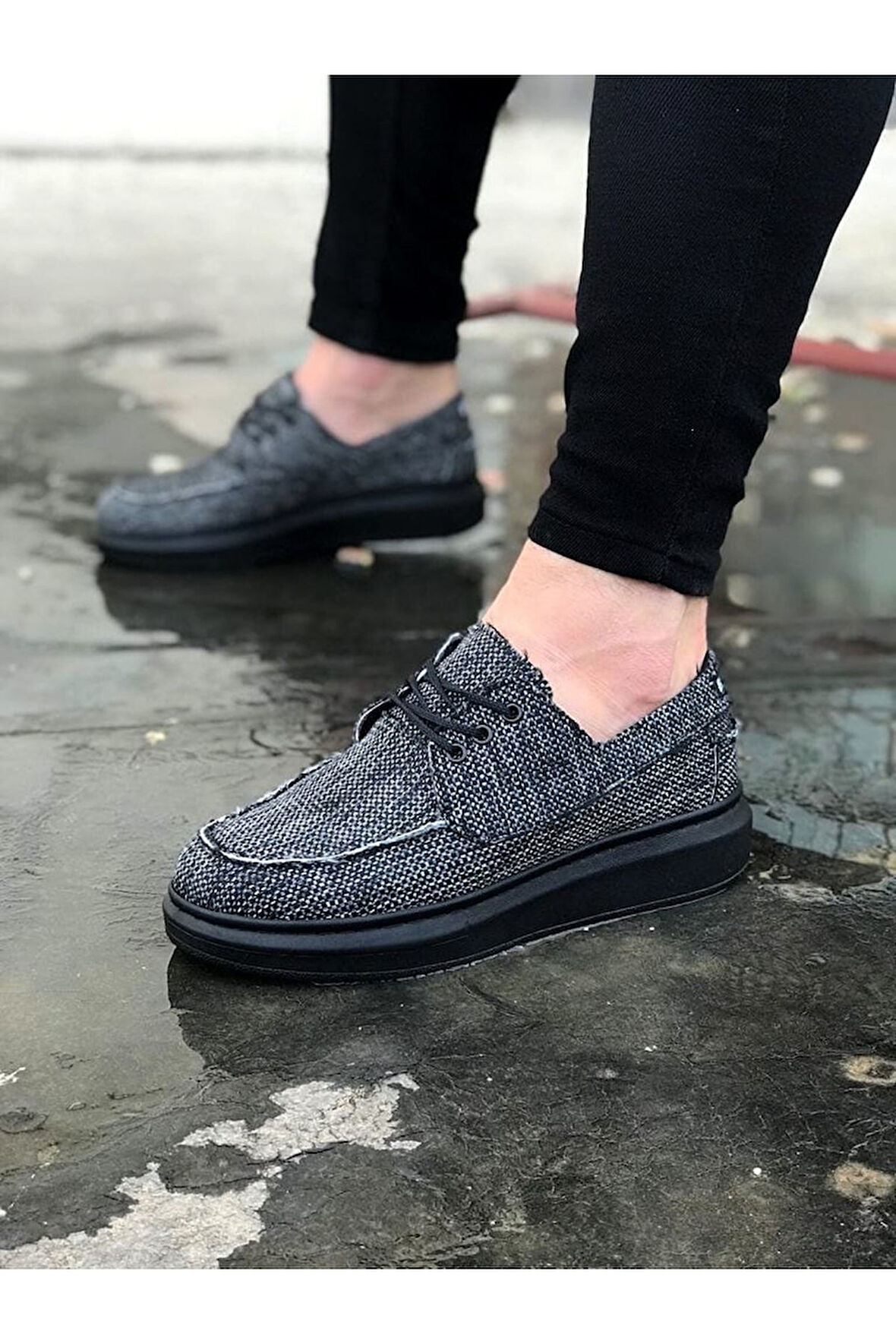 J503 Bağcıklı Ortopedik Taban Keten Erkek Klasik Günlük Ayakkabı ST Gri