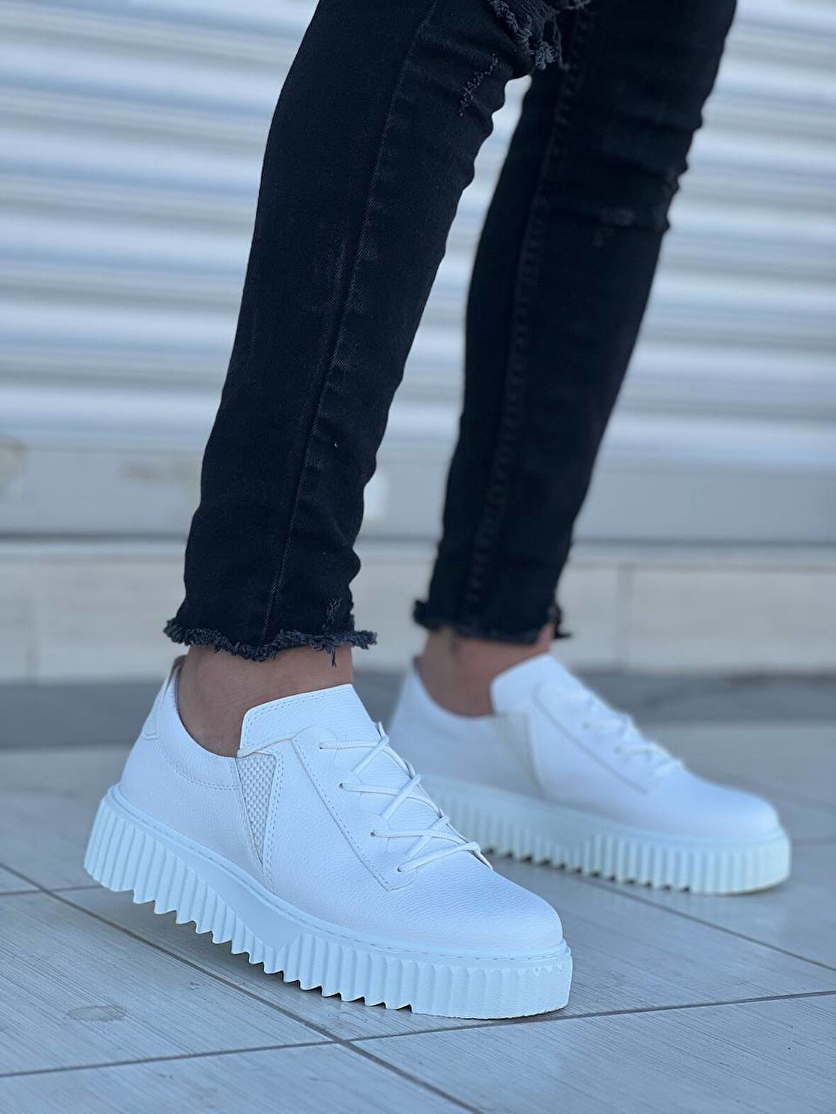 J-X502 Bağcıklı Ortopedik Taban Günlük Erkek Spor Sneaker Ayakkabı BT Beyaz