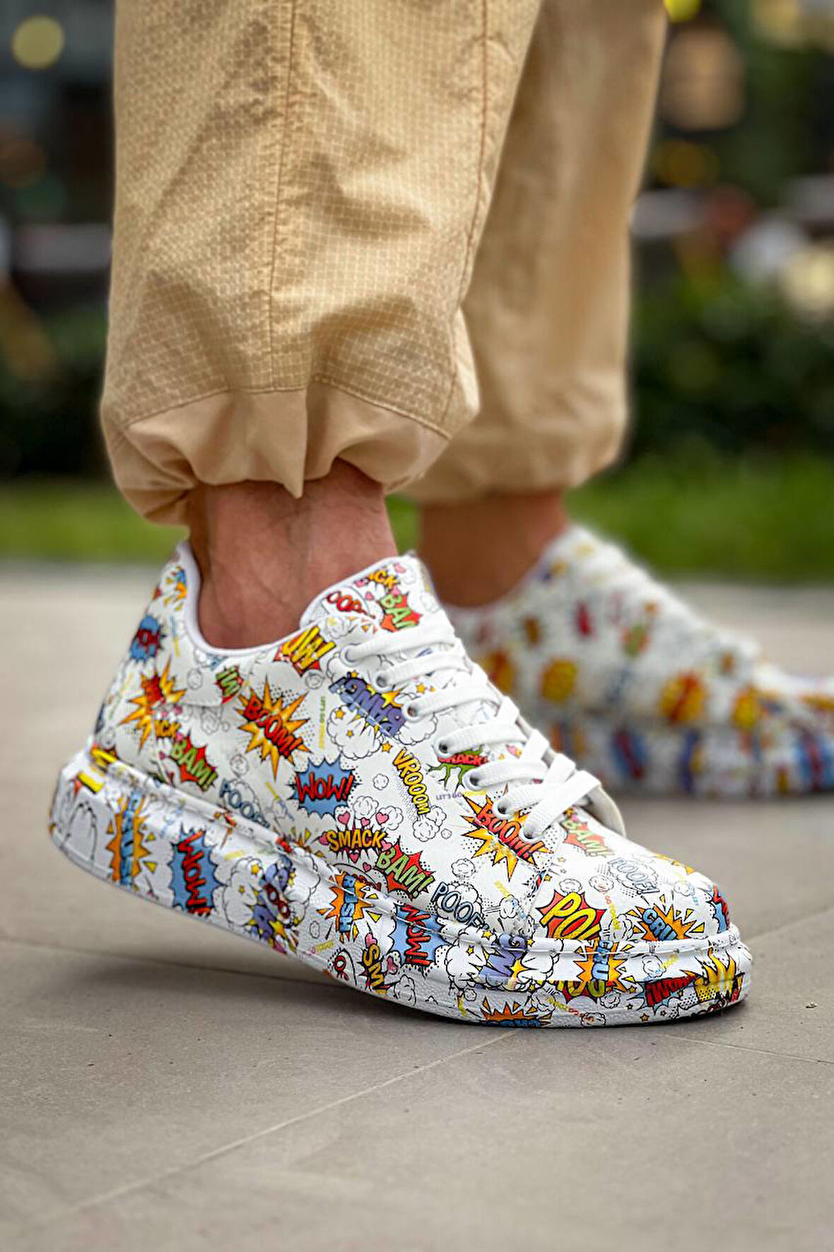 J-X500 Bağcıklı Boom Baskılı Ortopedik Taban Günlük Erkek Spor Sneaker Ayakkabı BT Beyaz