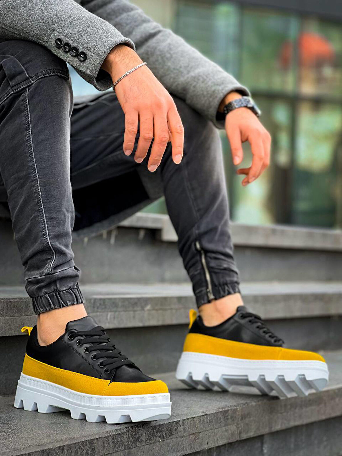 J056 Bağcıklı Ortopedik Taban Günlük Cilt Süet Erkek Spor Sneaker Ayakkabı BT Siyah/Sarı