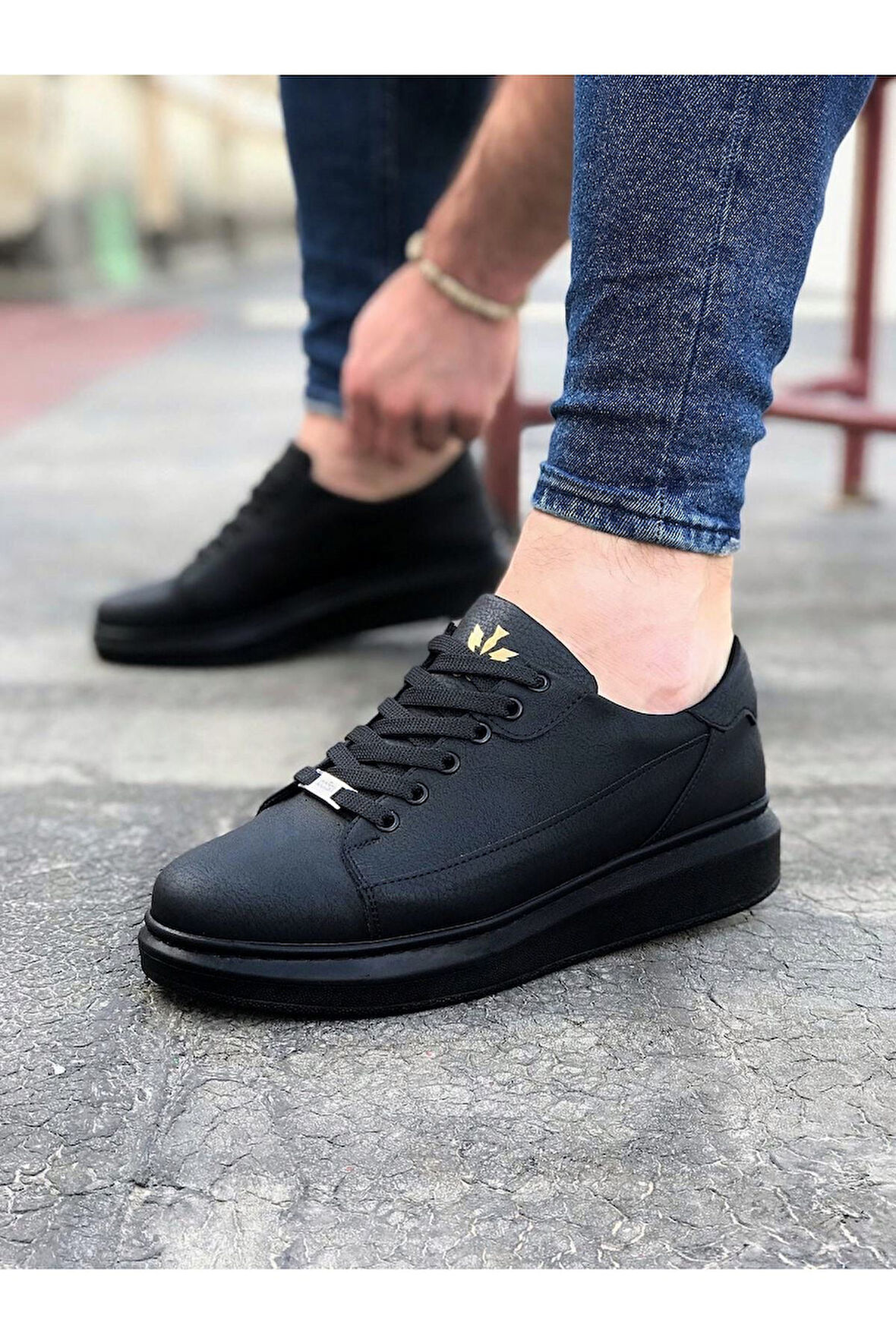 J028 Bağcıklı Ortopedik Taban Erkek Sneaker Günlük Ayakkabı ST Siyah