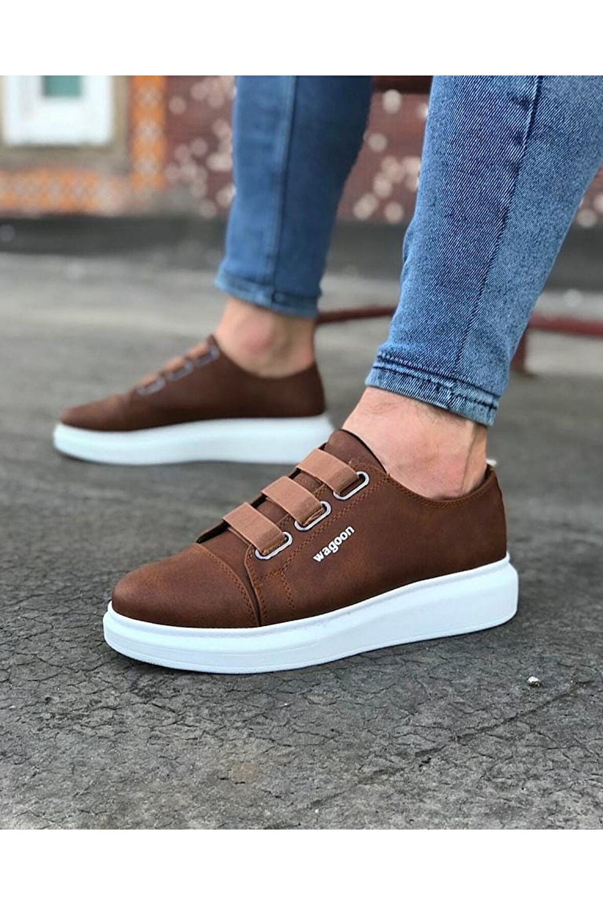 J026 Bağcıksız 3 Bant Lastikli Ortopedik Taban Erkek Sneaker Günlük Ayakkabı BT Taba