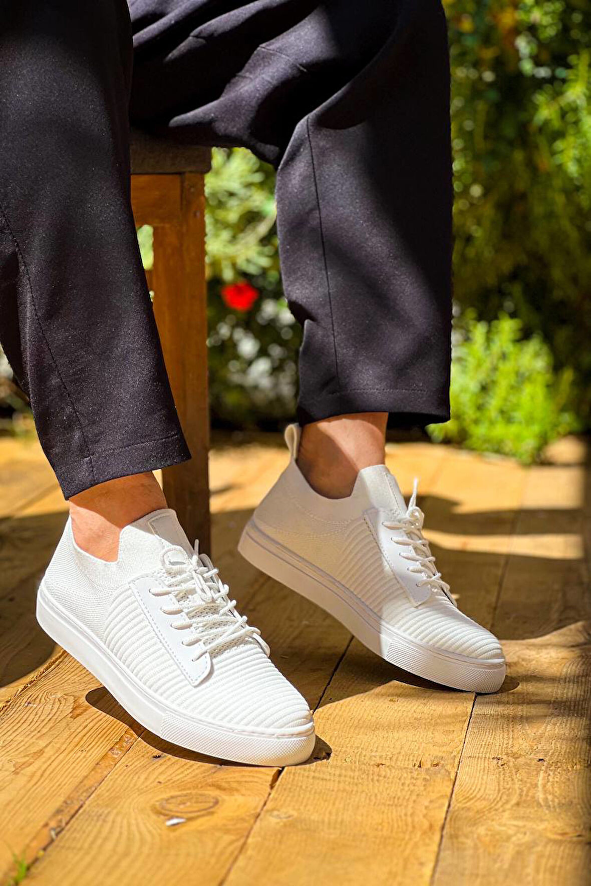 J110 Bağcıklı Ortopedik Taban Triko Erkek Spor Sneaker Ayakkabı BT Beyaz