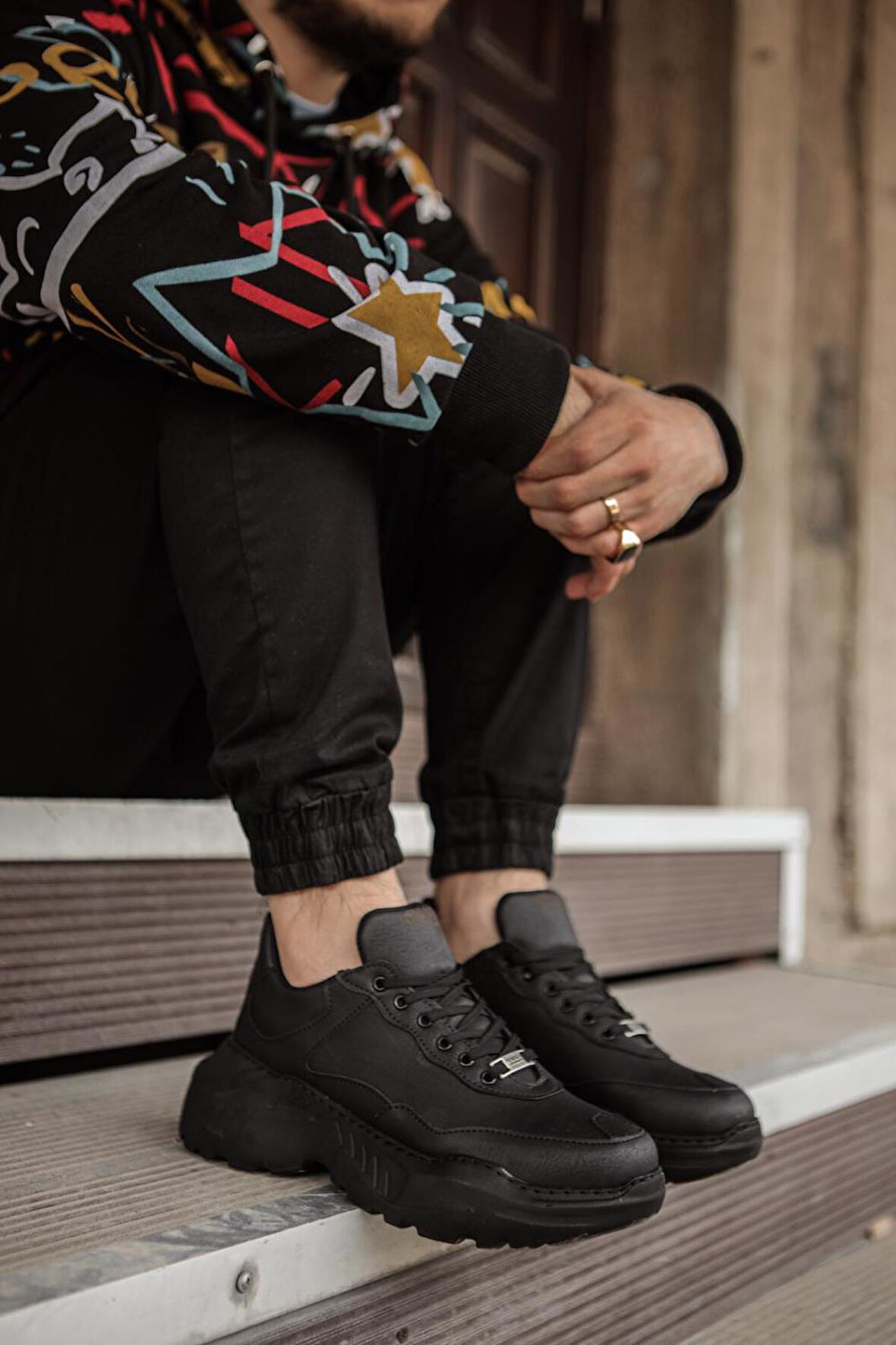 J-N75 Bağcıklı Ortopedik Taban Erkek Günlük Sneaker Spor Ayakkabı ST Siyah