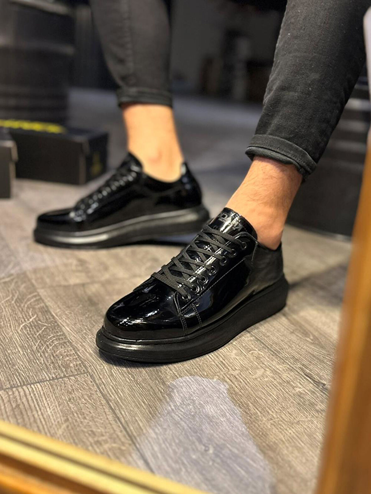 J044 Bağcıklı Ortopedik Taban Erkek Günlük Rugan Sneaker Spor Ayakkabı ST Siyah