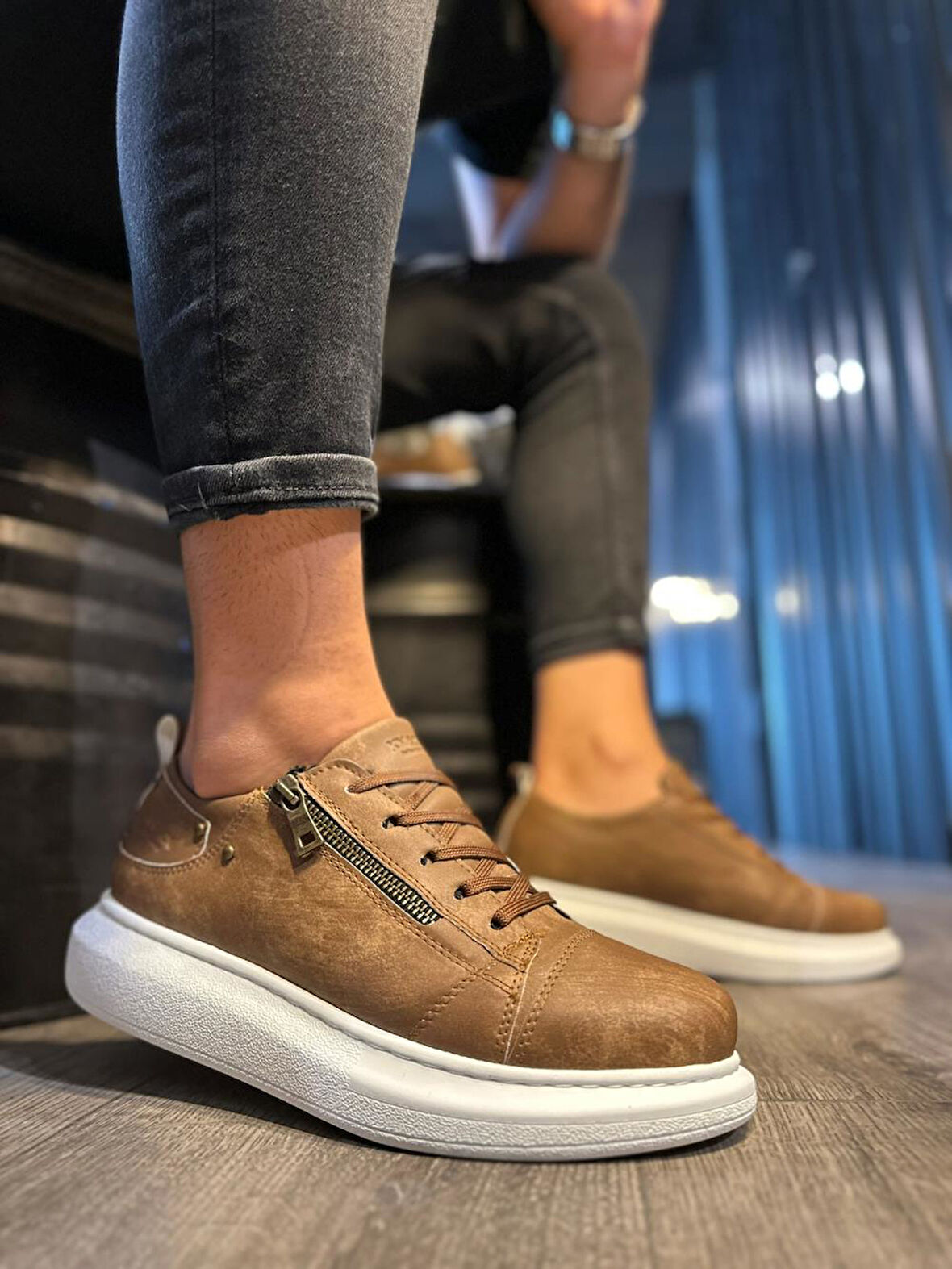 J555 Bağcıklı Fermuarlı Ortopedik Taban Erkek Günlük Sneaker Spor Ayakkabı BT Mat Taba