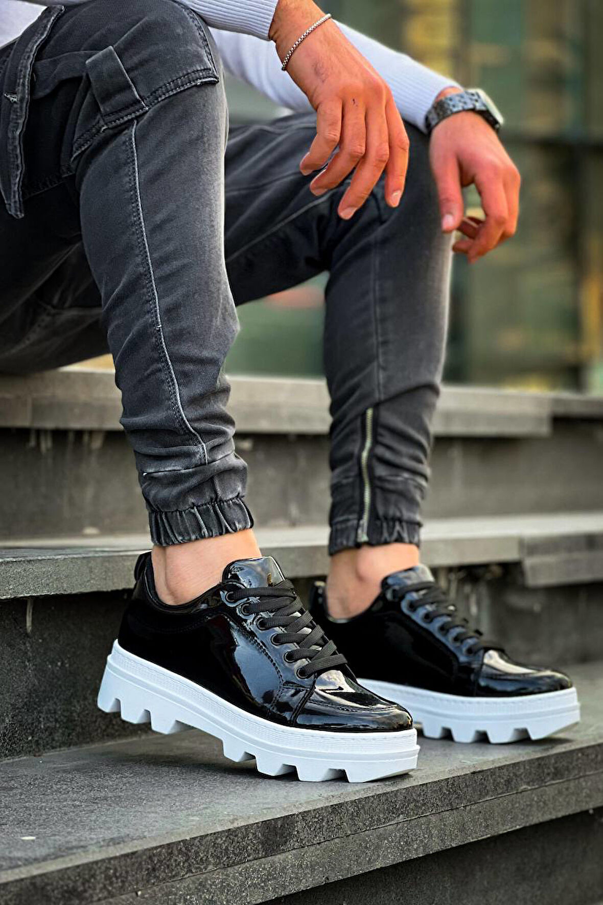 J056 Bağcıklı Ortopedik Taban Günlük Rugan Erkek Spor Sneaker Ayakkabı BT Siyah