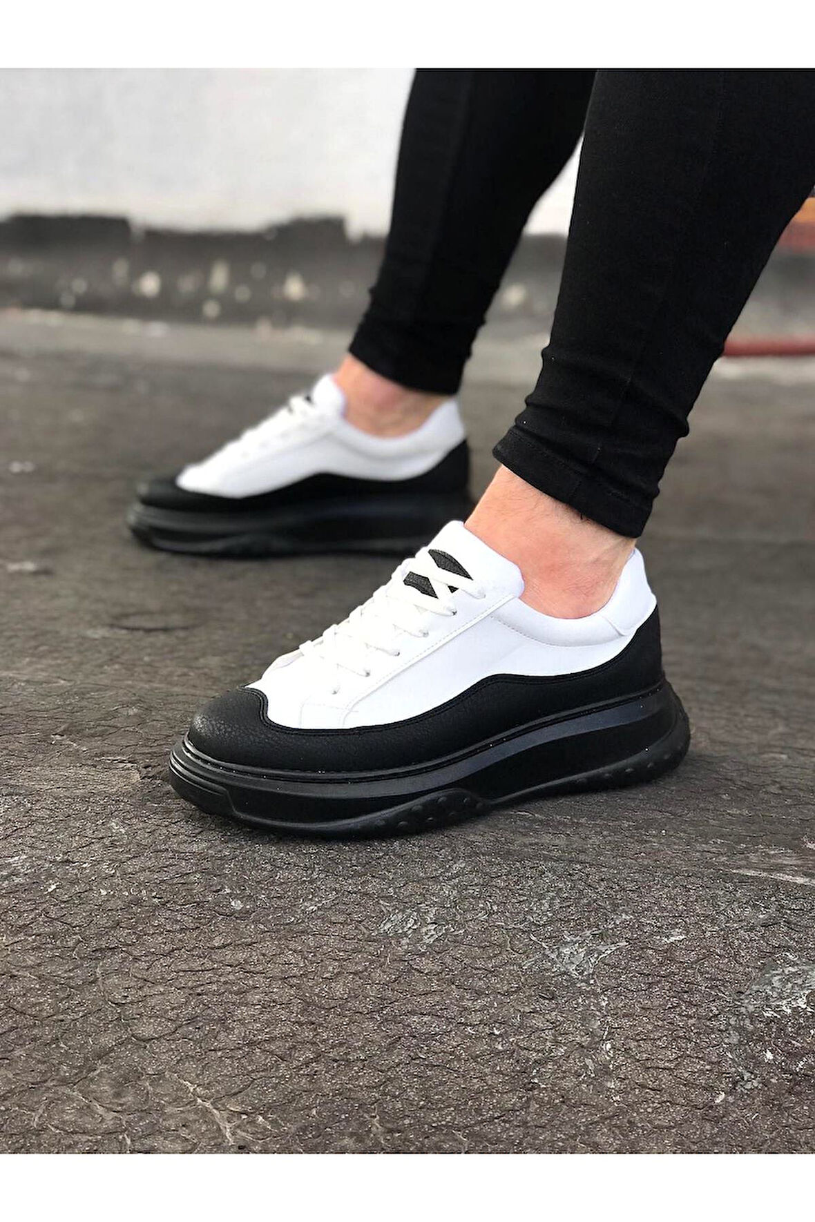 J507 Bağcıklı Ortopedik Taban Erkek Sneaker Günlük Ayakkabı ST Beyaz/Siyah