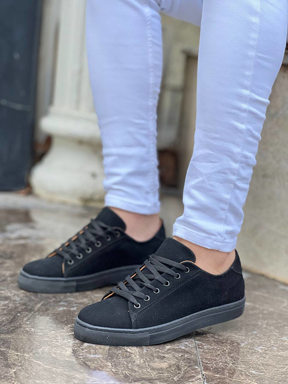 J122 Bağcıklı Ortopedik Taban Günlük Süet Erkek Spor Sneaker Ayakkabı ST Siyah