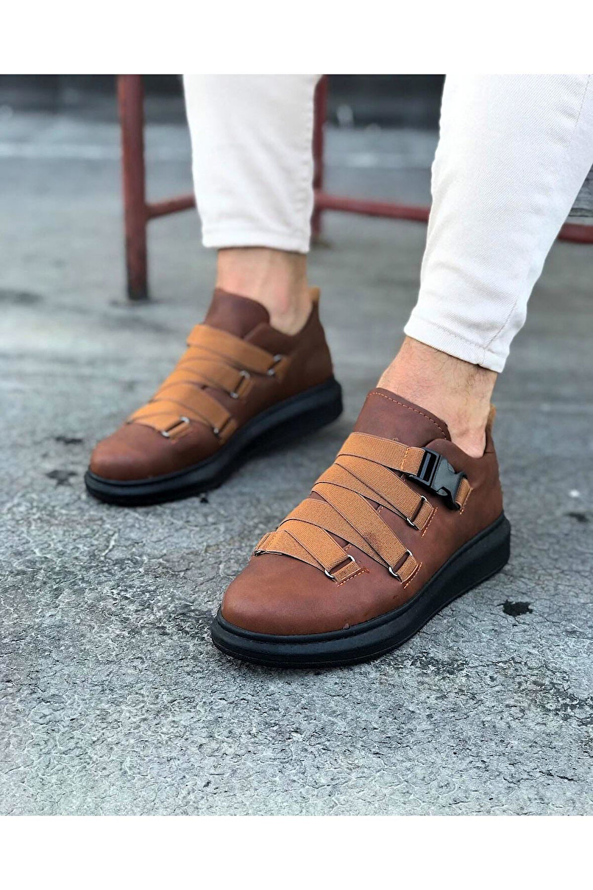 J033 Bağcıksız 4 Bant Lastikli Tokalı Ortopedik Taban Erkek Sneaker Günlük Ayakkabı ST Taba