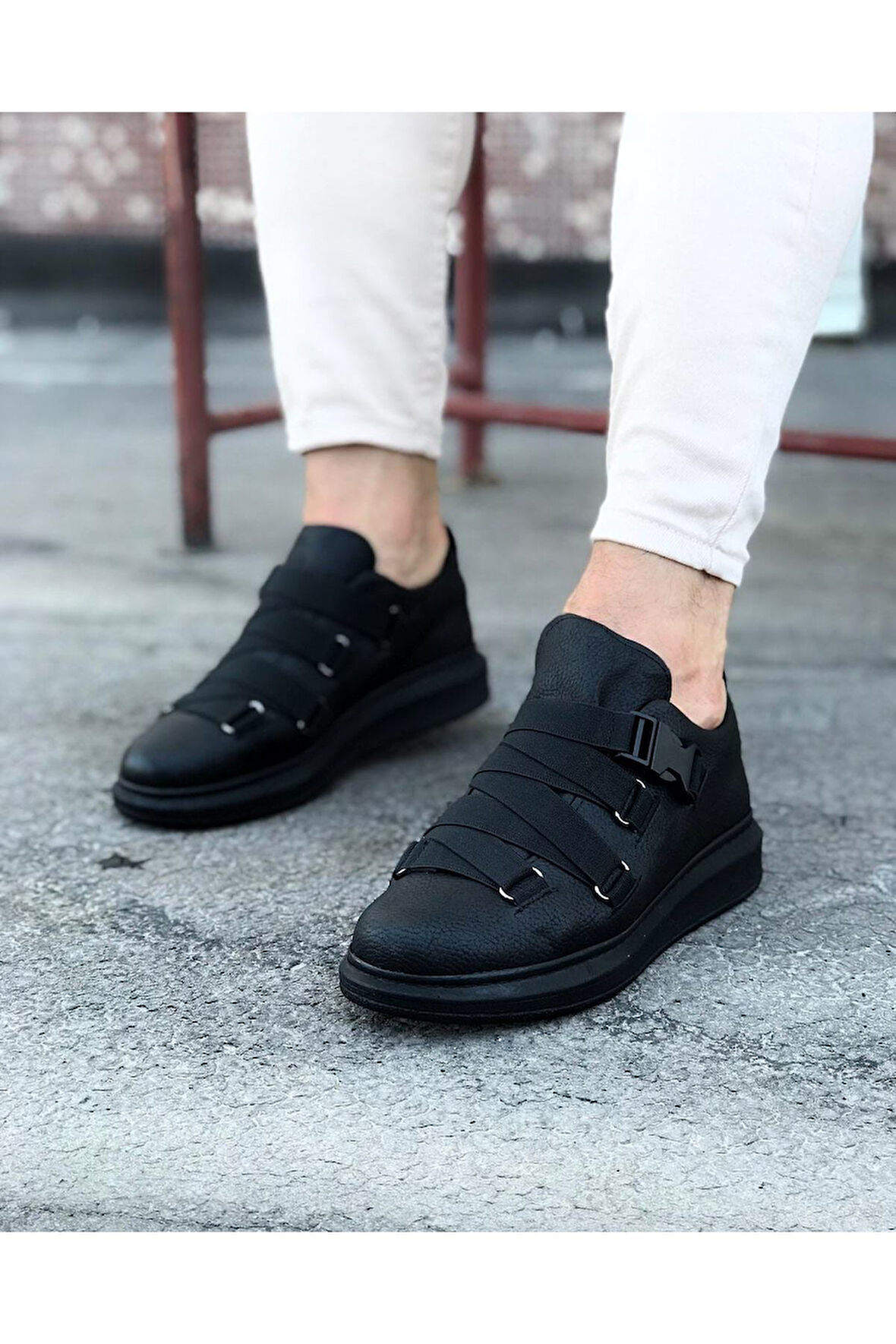 J033 Bağcıksız 4 Bant Lastikli Tokalı Ortopedik Taban Erkek Sneaker Günlük Ayakkabı ST Siyah