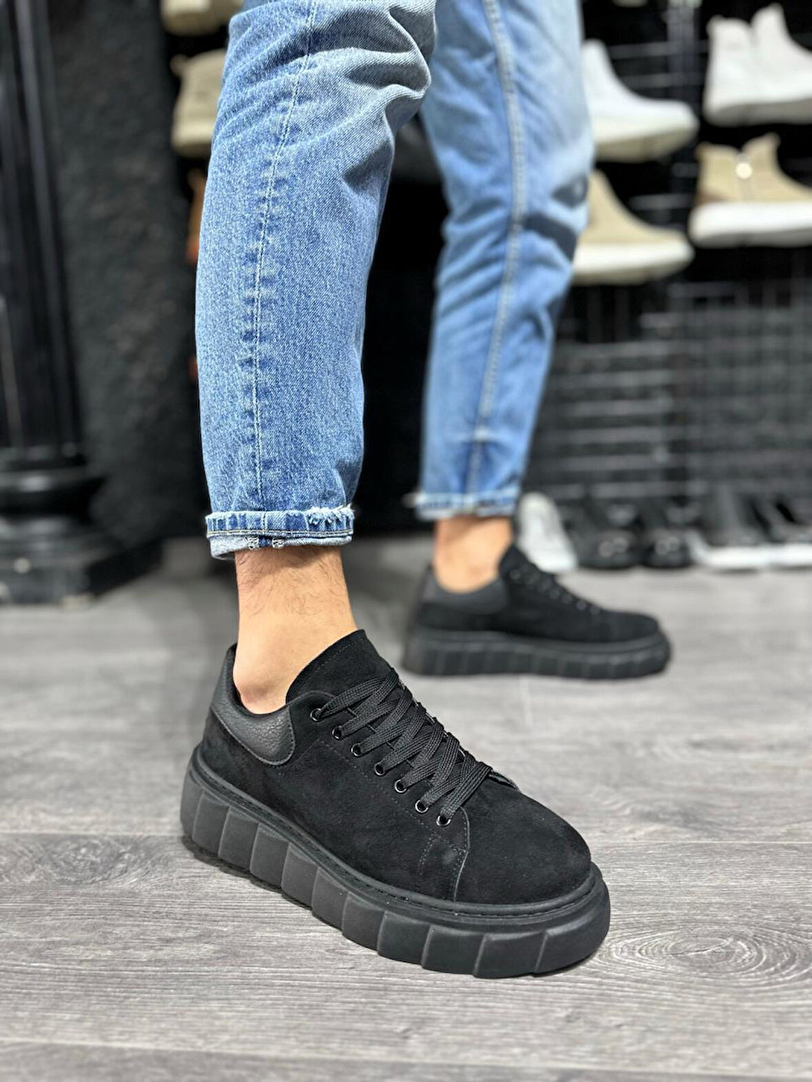 J144 Bağcıklı Ortopedik Taban Erkek Günlük Süet Sneaker Spor Ayakkabı ST Siyah