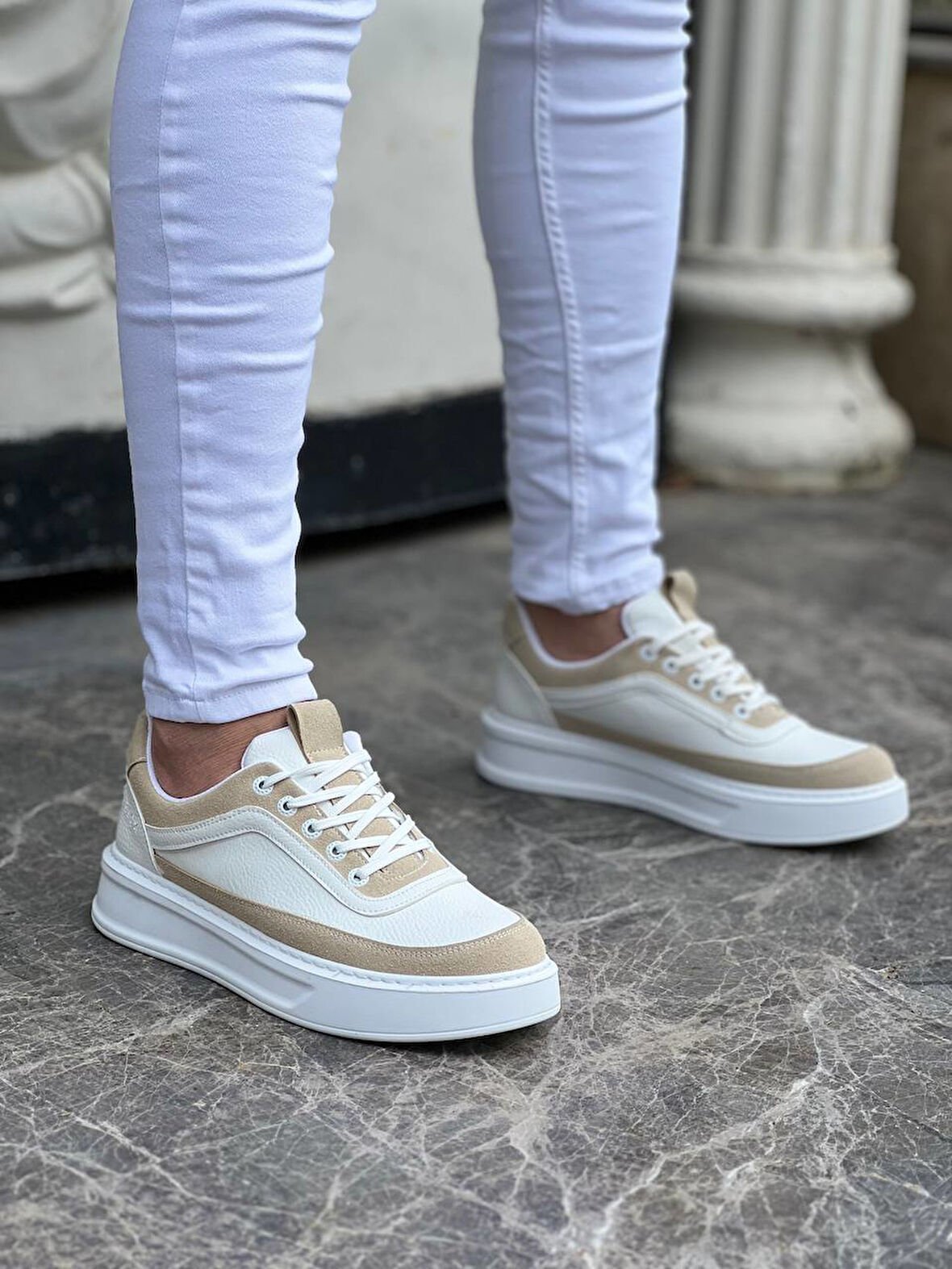 J006 Bağcıklı Ortopedik Taban Günlük Erkek Spor Sneaker Ayakkabı BT Beyaz/Bej