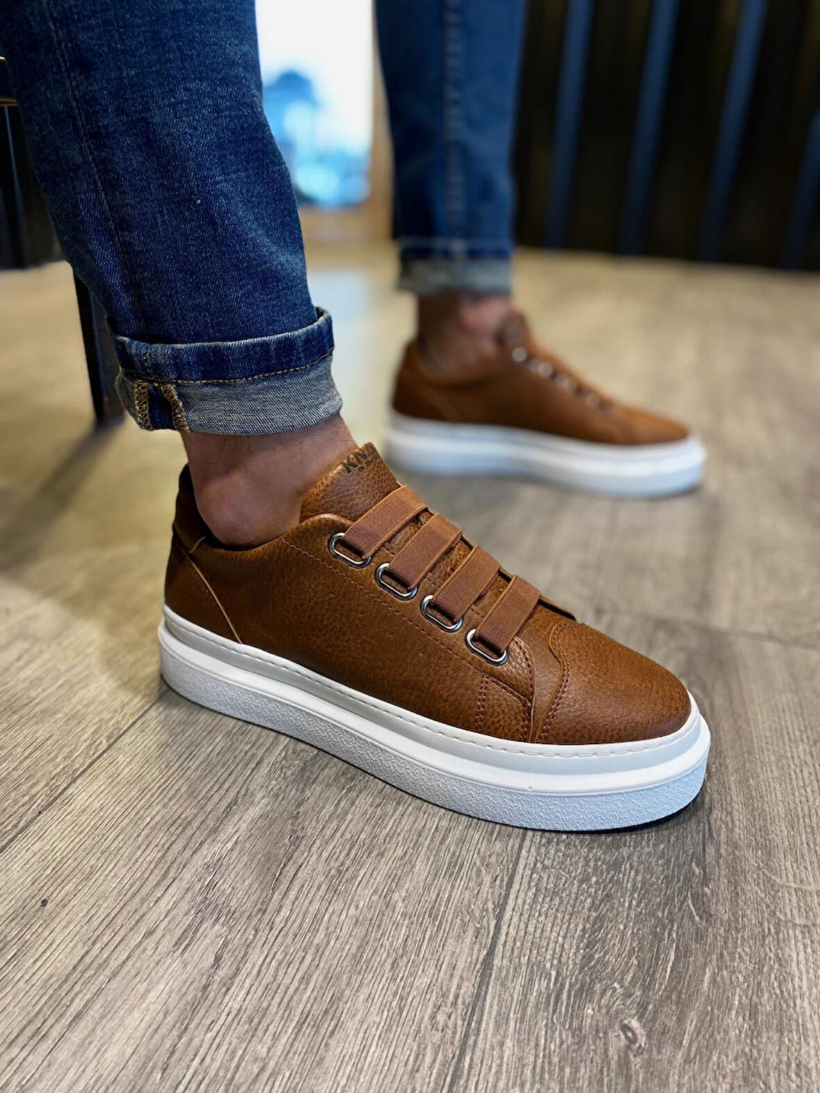J521 Bağcıksız Lastikli 4 Bantlı Ortopedik Taban Erkek Günlük Sneaker Spor Ayakkabı BT Taba