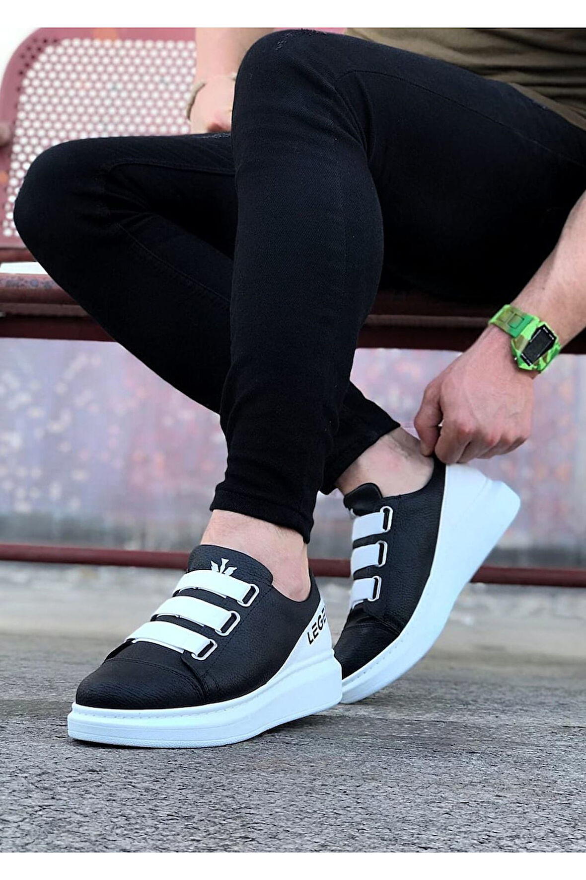 J029 Bağcıksız 3 Bant Lastikli Legend Ortopedik Taban Erkek Sneaker Günlük Ayakkabı BT Siyah/Beyaz