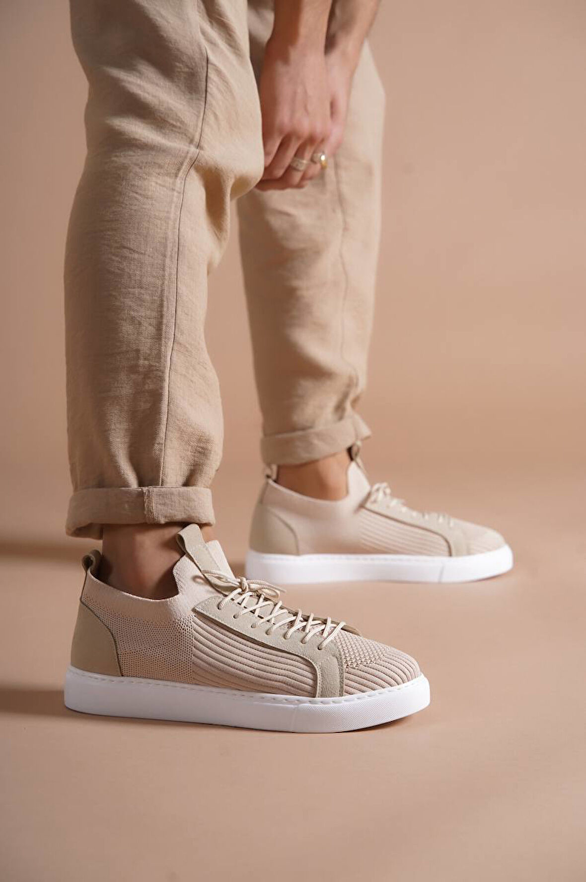 J112 Bağcıklı Ortopedik Taban Triko Erkek Spor Sneaker Ayakkabı BT Bej