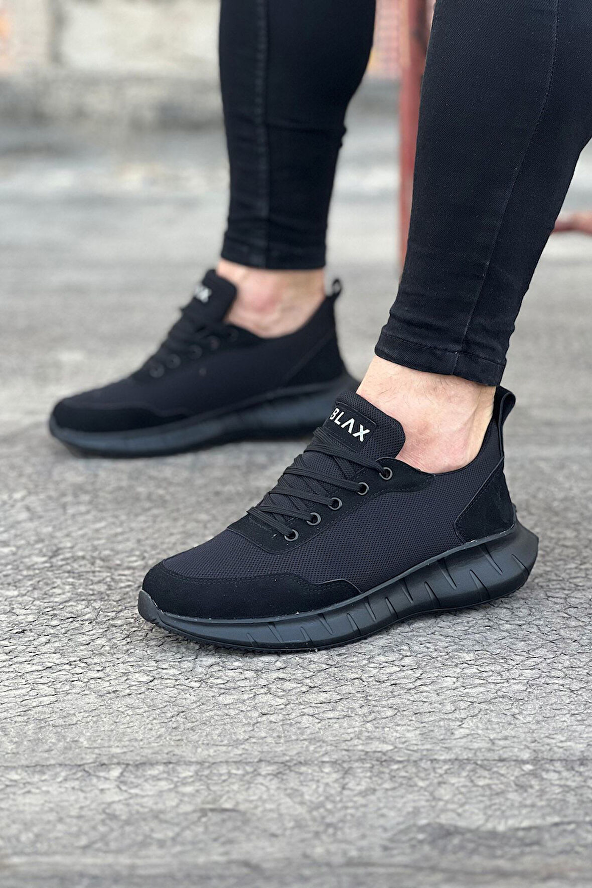 J063 Bağcıklı Ortopedik Taban Triko Erkek Sneaker Günlük Spor Ayakkabı ST Siyah