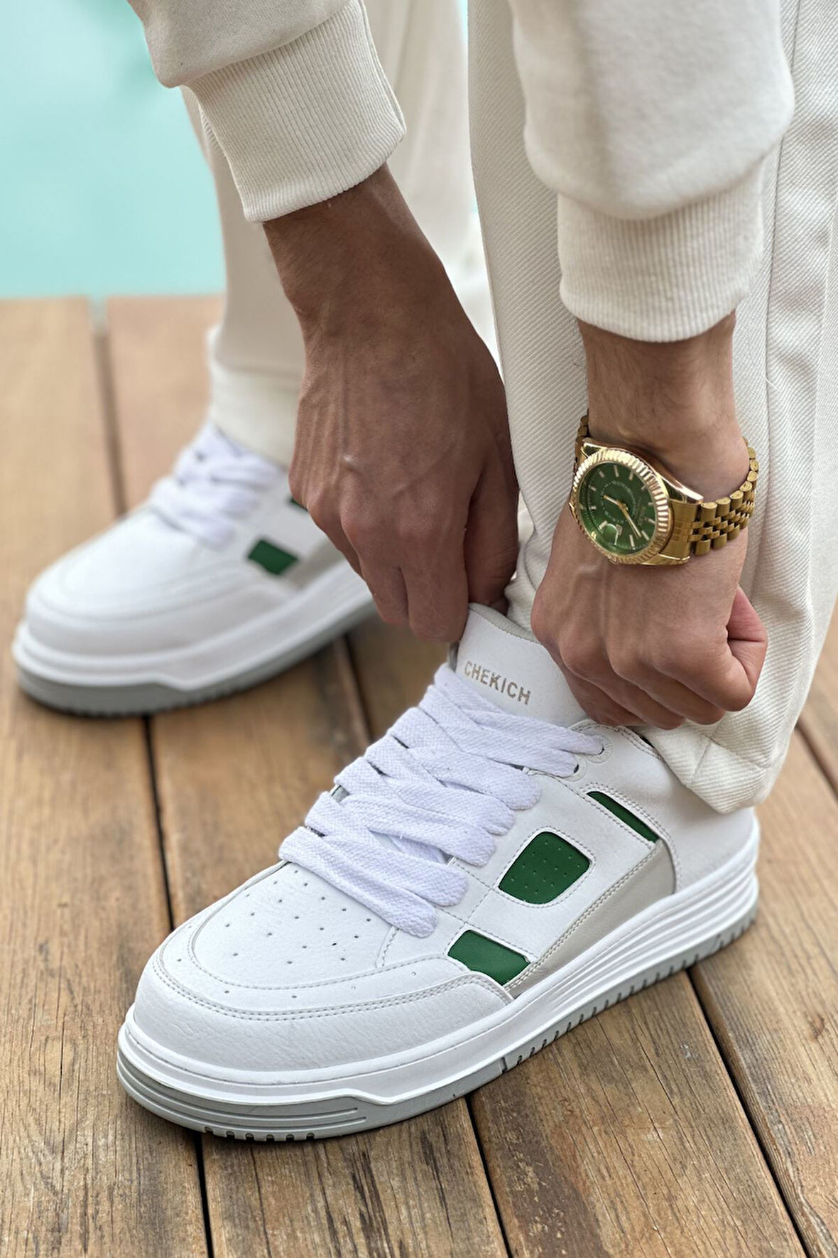 J2410 Avax Ortopedik Taban Günlük Cilt Erkek Sneaker Spor Ayakkabı CBT Beyaz/Yeşil