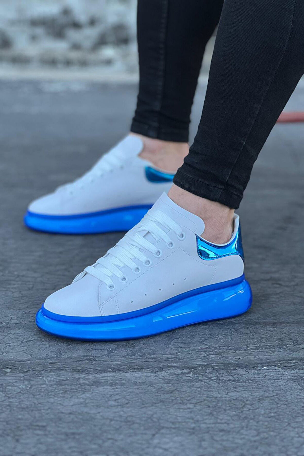 J095 Bağcıklı Ortopedik Taban Erkek Sneaker Günlük Ayakkabı MT Beyaz/Mavi