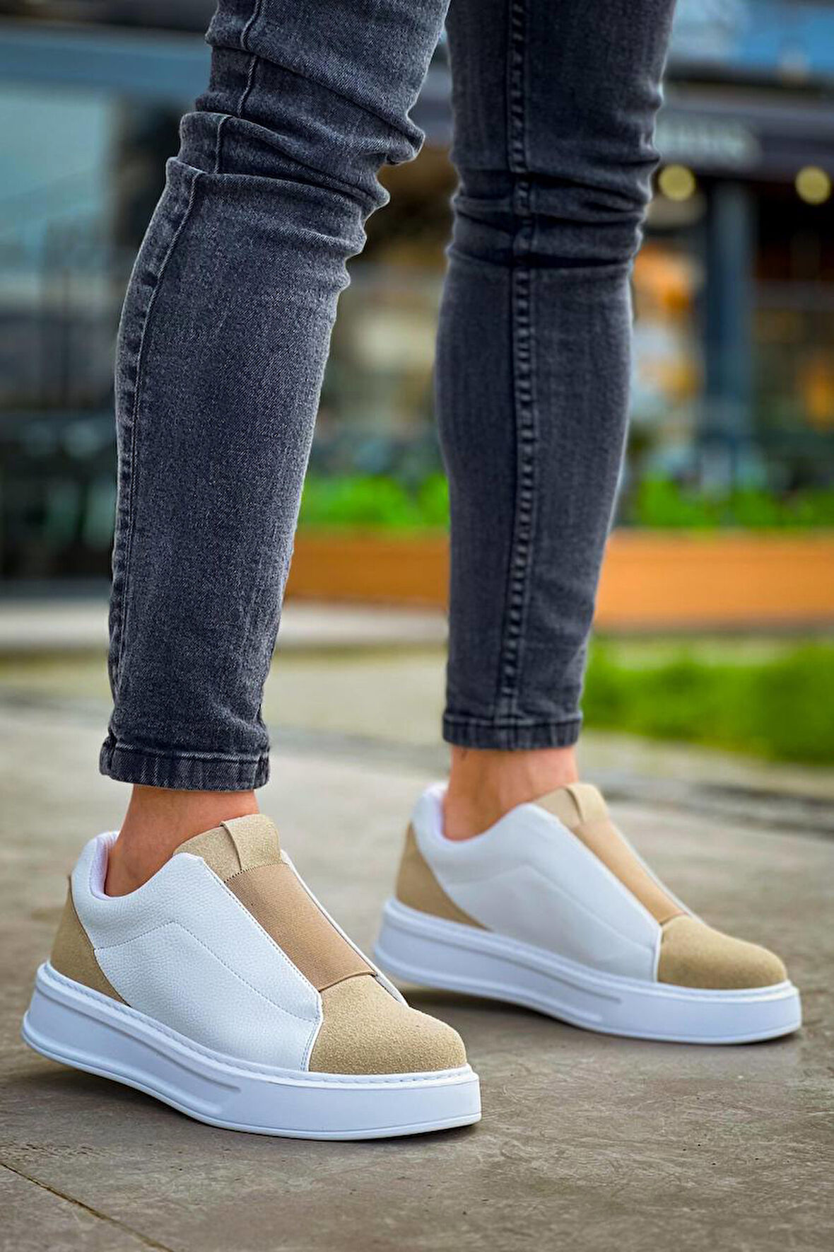 J007 Bağcıksız Lastikli Ortopedik Taban Tek Bant Erkek Spor Sneaker Ayakkabı BT Beyaz/Bej