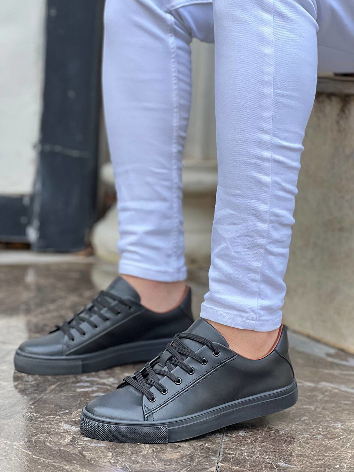 J122 Bağcıklı Ortopedik Taban Günlük Erkek Spor Sneaker Ayakkabı ST Siyah