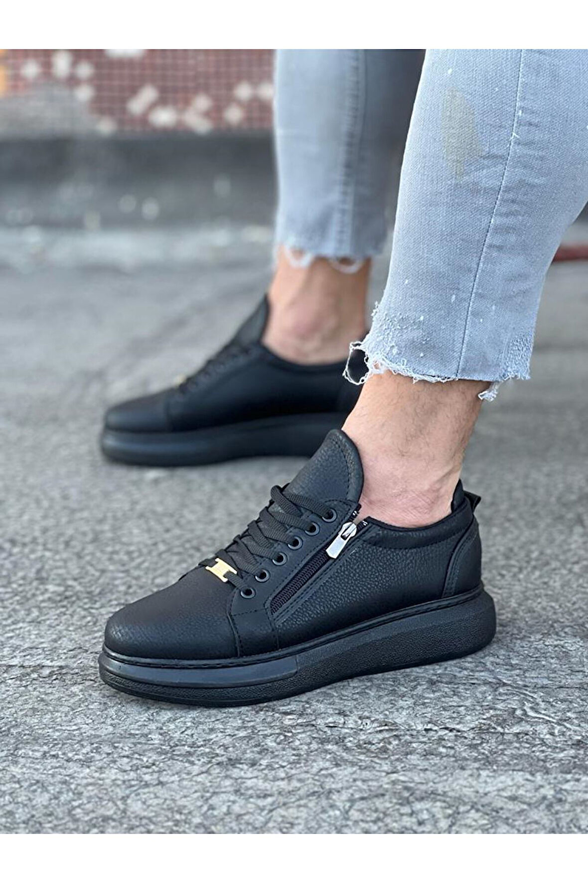 J504 Bağcıklı Fermuarlı Ortopedik Taban Erkek Sneaker Günlük Ayakkabı ST Siyah
