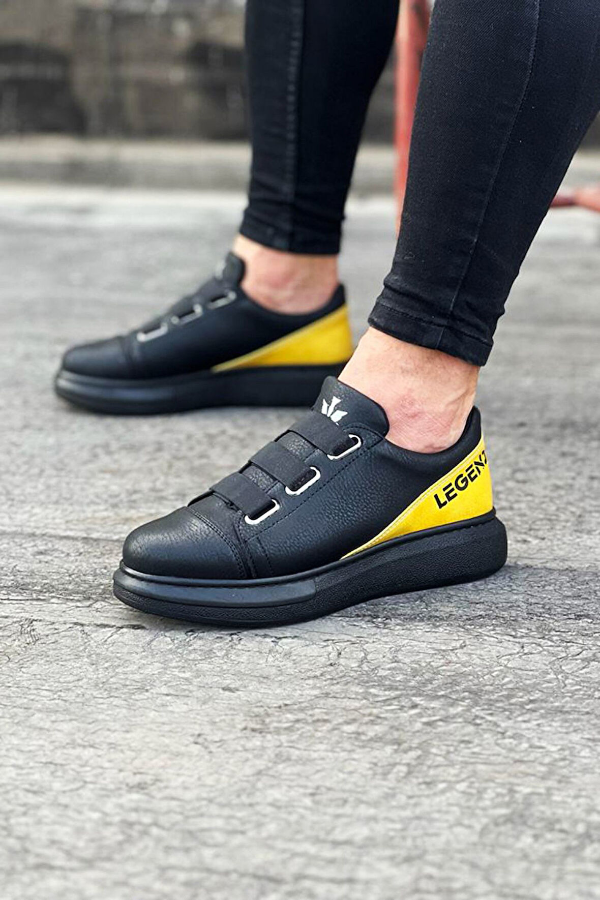 J029 Bağcıksız 3 Bant Lastikli Legend Ortopedik Taban Erkek Sneaker Günlük Ayakkabı ST Siyah/Sarı