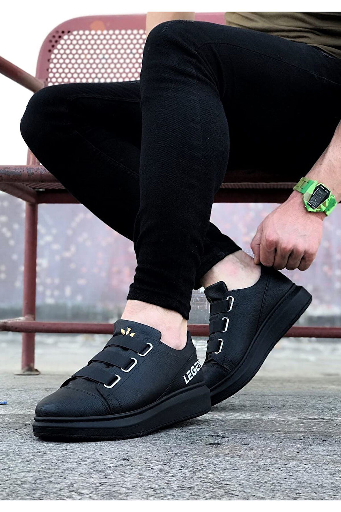 J029 Bağcıksız 3 Bant Lastikli Legend Ortopedik Taban Erkek Sneaker Günlük Ayakkabı ST Siyah